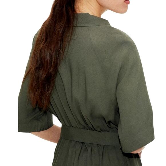 H&M Women's Medium Green Short Sleeve Tie-Belt Collar Button Up Midi Shirt Dress - Picture 5 of 6